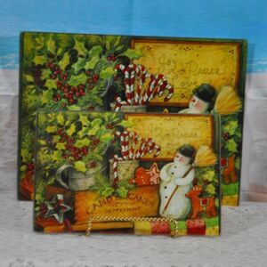 Glass Cutting Board with Snowman and Candy Canes Heavy Duty - New